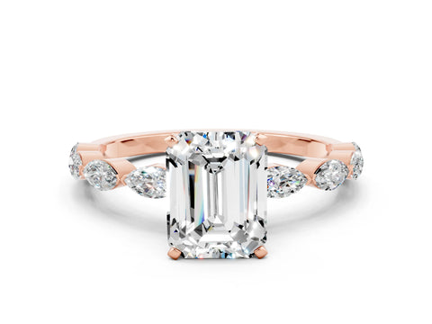 Rose gold Emerald Cut Moissanite Ring with Marquise Side Stones and Prong Setting