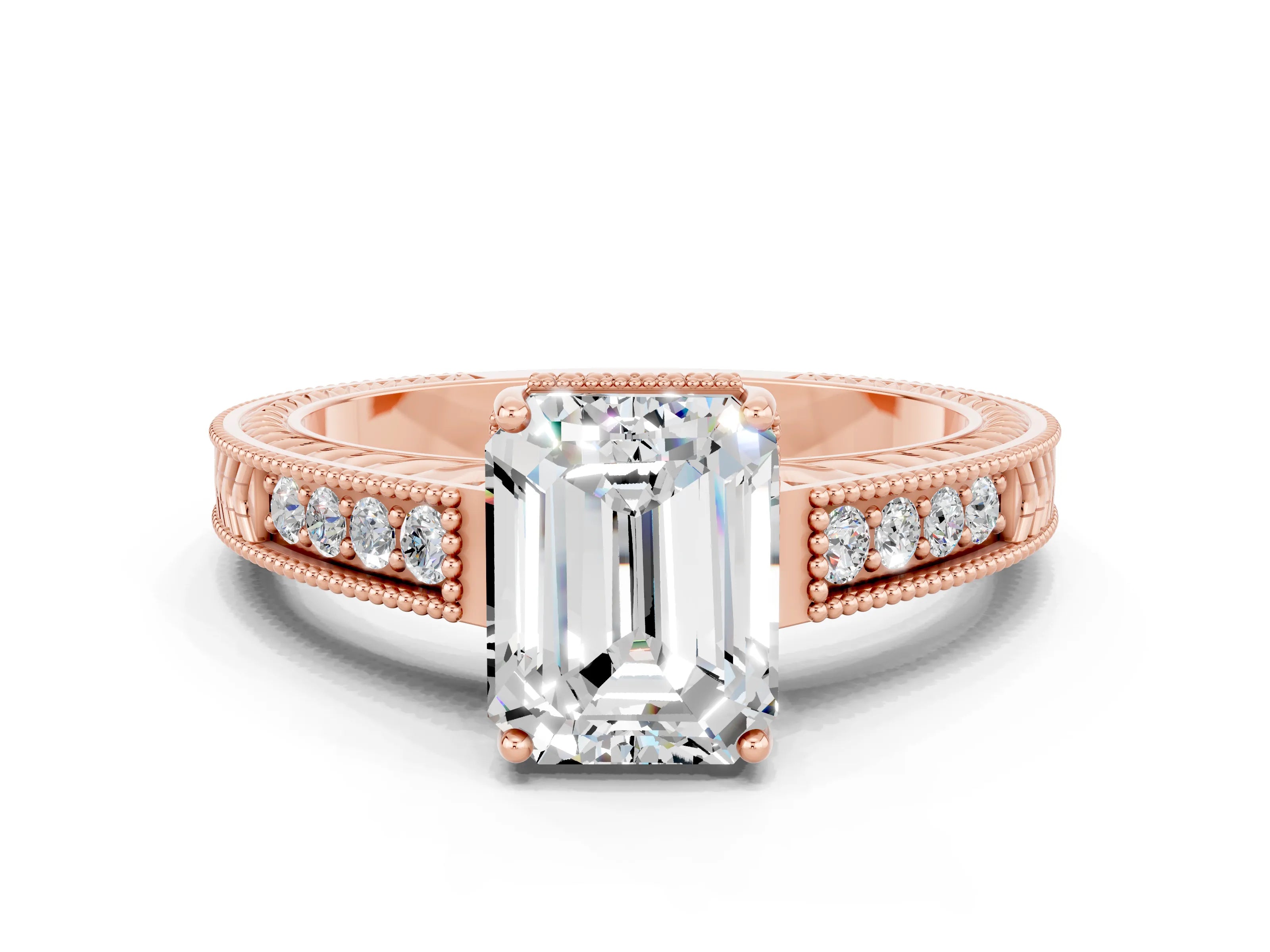 Rose gold Emerald Cut Moissanite Ring with Milgrain Pavé Band and Four-Prong Setting_12