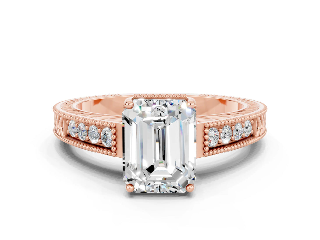Rose gold Emerald Cut Moissanite Ring with Milgrain Pavé Band and Four-Prong Setting_12