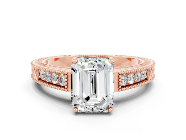 Rose gold Emerald Cut Moissanite Ring with Milgrain Pavé Band and Four-Prong Setting