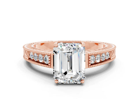Rose gold Emerald Cut Moissanite Ring with Milgrain Pavé Band and Four-Prong Setting_12