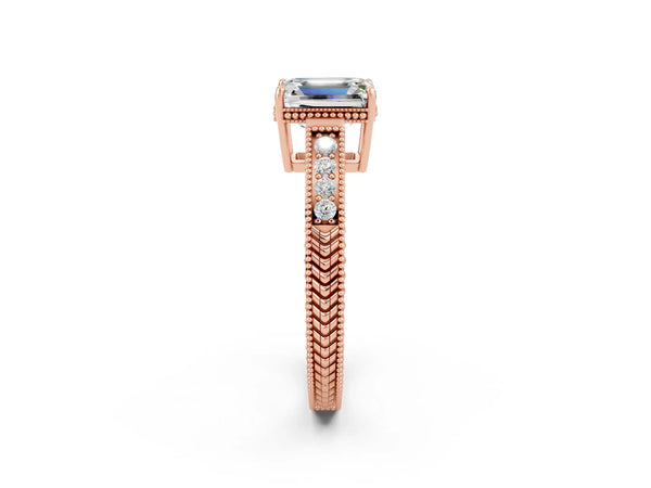 Rose gold Emerald Cut Moissanite Ring with Milgrain Pavé Band and Four-Prong Setting