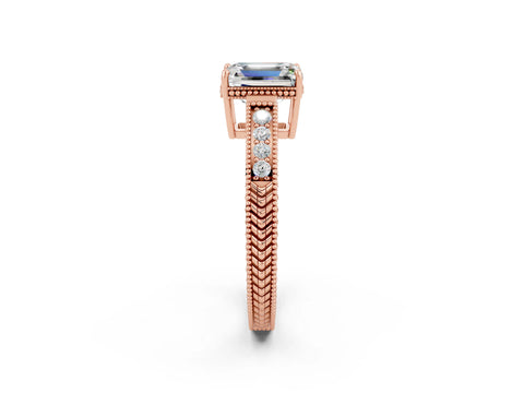 Rose gold Emerald Cut Moissanite Ring with Milgrain Pavé Band and Four-Prong Setting_14