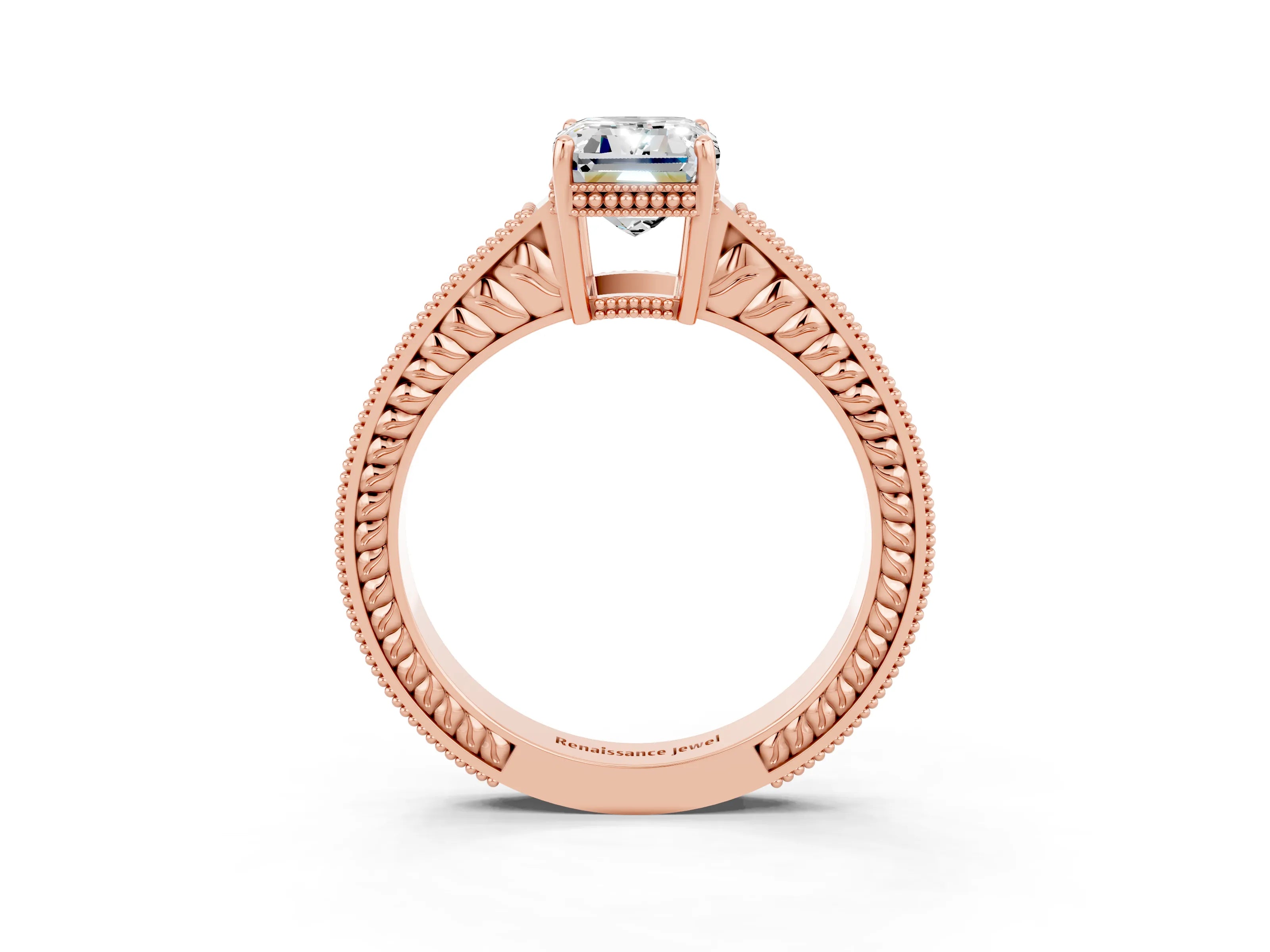 Rose gold Emerald Cut Moissanite Ring with Milgrain Pavé Band and Four-Prong Setting_15