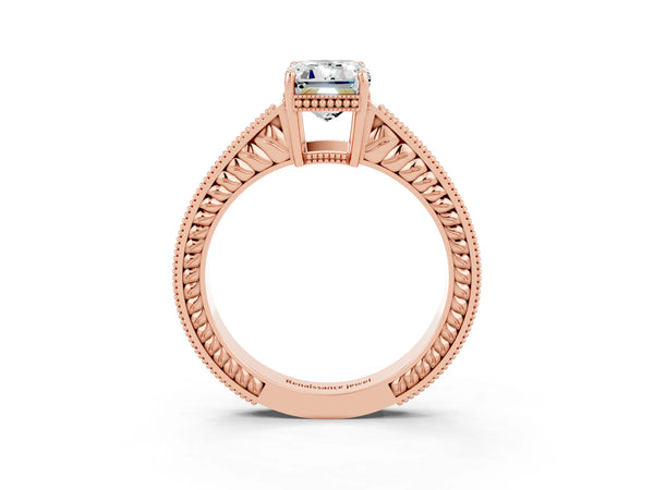Rose gold Emerald Cut Moissanite Ring with Milgrain Pavé Band and Four-Prong Setting