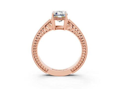 Rose gold Emerald Cut Moissanite Ring with Milgrain Pavé Band and Four-Prong Setting_15