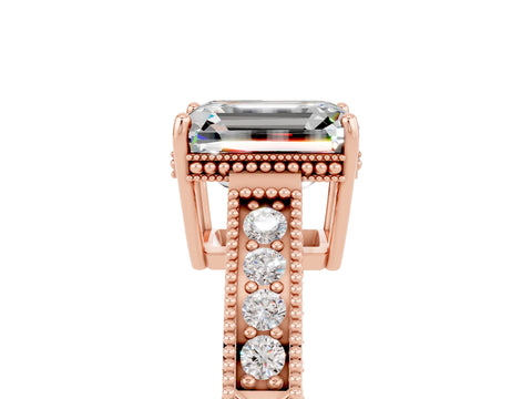 Rose gold Emerald Cut Moissanite Ring with Milgrain Pavé Band and Four-Prong Setting_17
