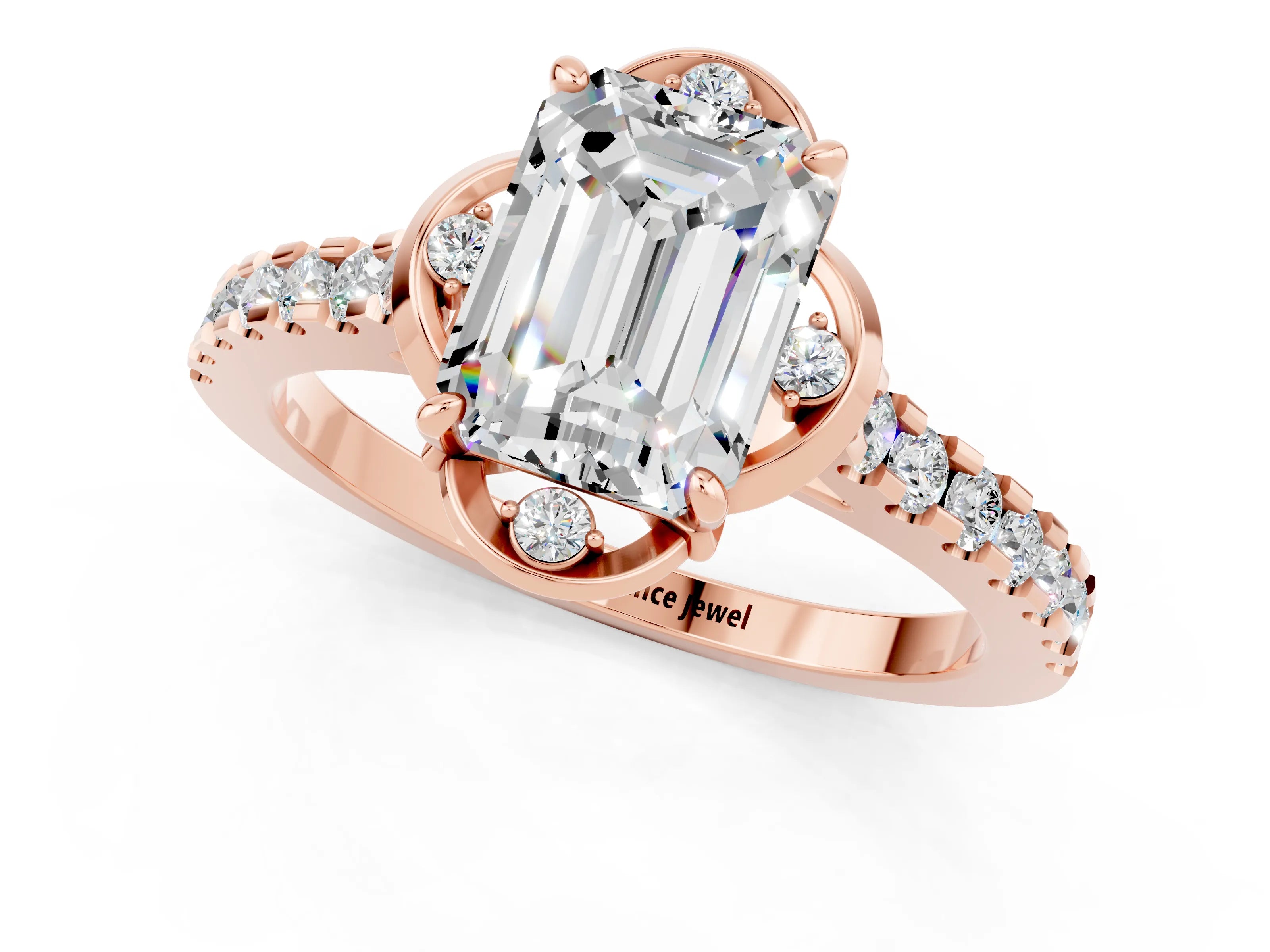 Rose gold Emerald Cut Moissanite Ring with Pavé Band and Floral Prong Setting_1