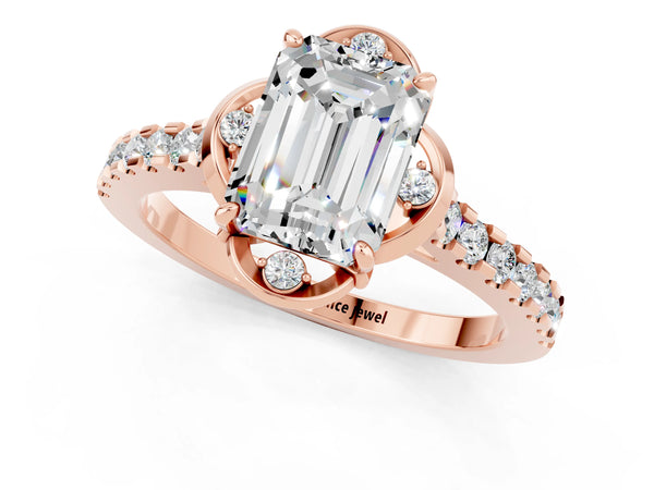 Rose gold Emerald Cut Moissanite Ring with Pavé Band and Floral Prong Setting