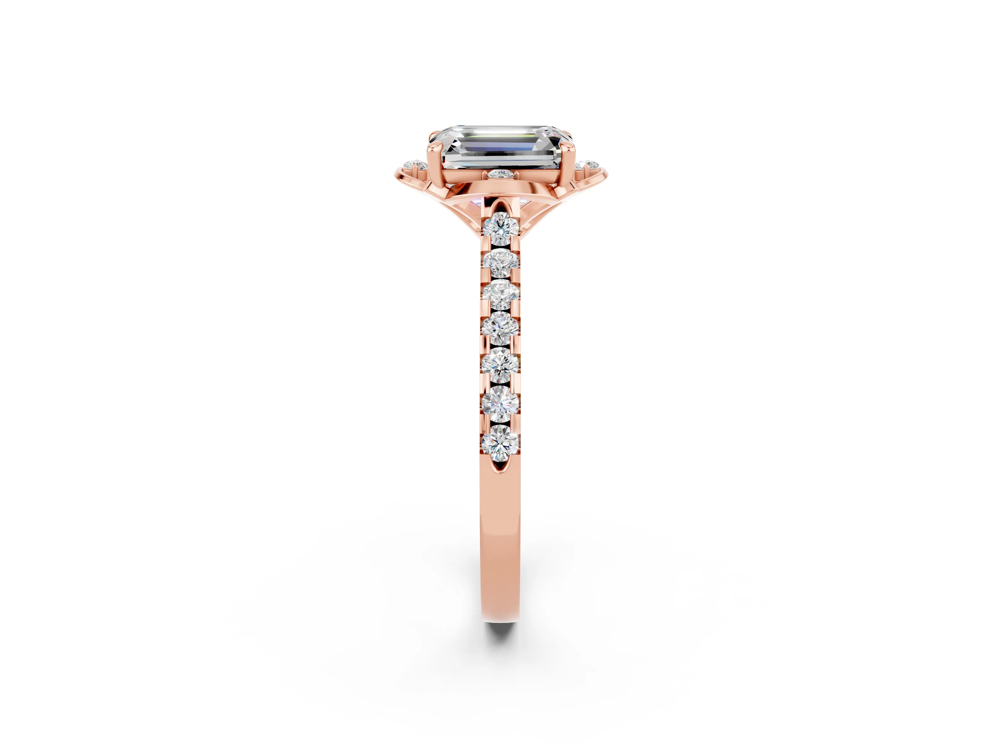 Rose gold Emerald Cut Moissanite Ring with Pavé Band and Floral Prong Setting_2