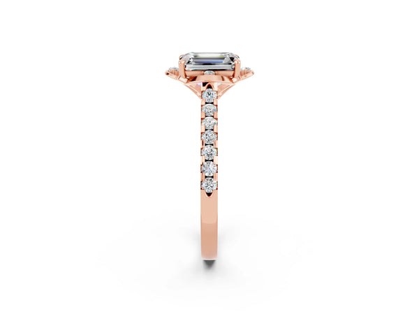 Rose gold Emerald Cut Moissanite Ring with Pavé Band and Floral Prong Setting