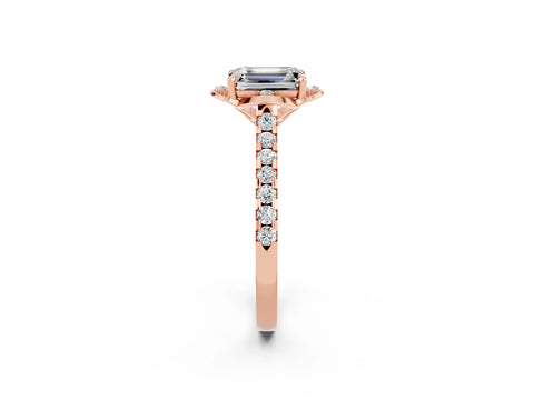 Rose gold Emerald Cut Moissanite Ring with Pavé Band and Floral Prong Setting_2