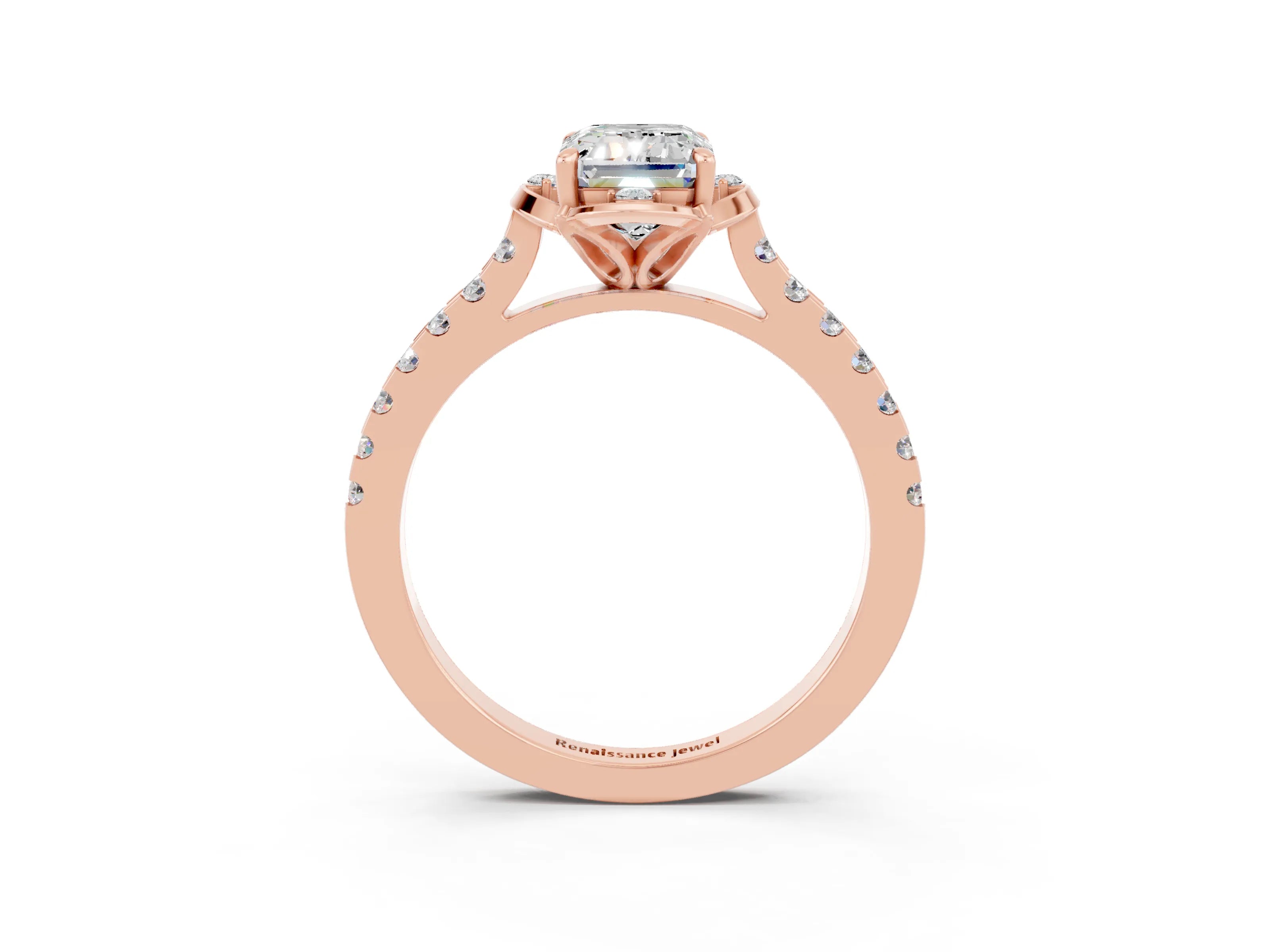 Rose gold Emerald Cut Moissanite Ring with Pavé Band and Floral Prong Setting_3