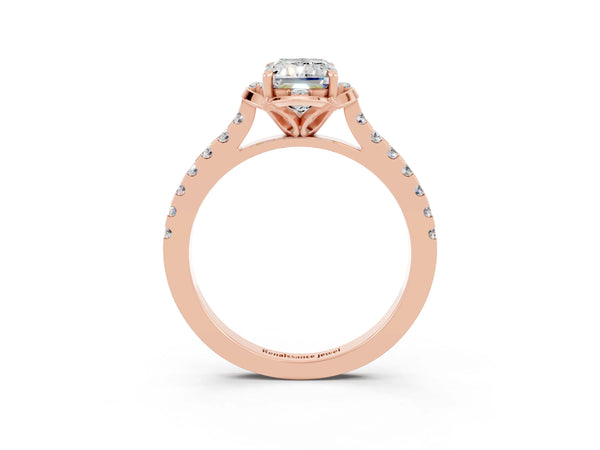 Rose gold Emerald Cut Moissanite Ring with Pavé Band and Floral Prong Setting