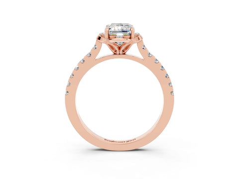 Rose gold Emerald Cut Moissanite Ring with Pavé Band and Floral Prong Setting_3