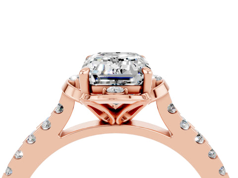 Rose gold Emerald Cut Moissanite Ring with Pavé Band and Floral Prong Setting_4