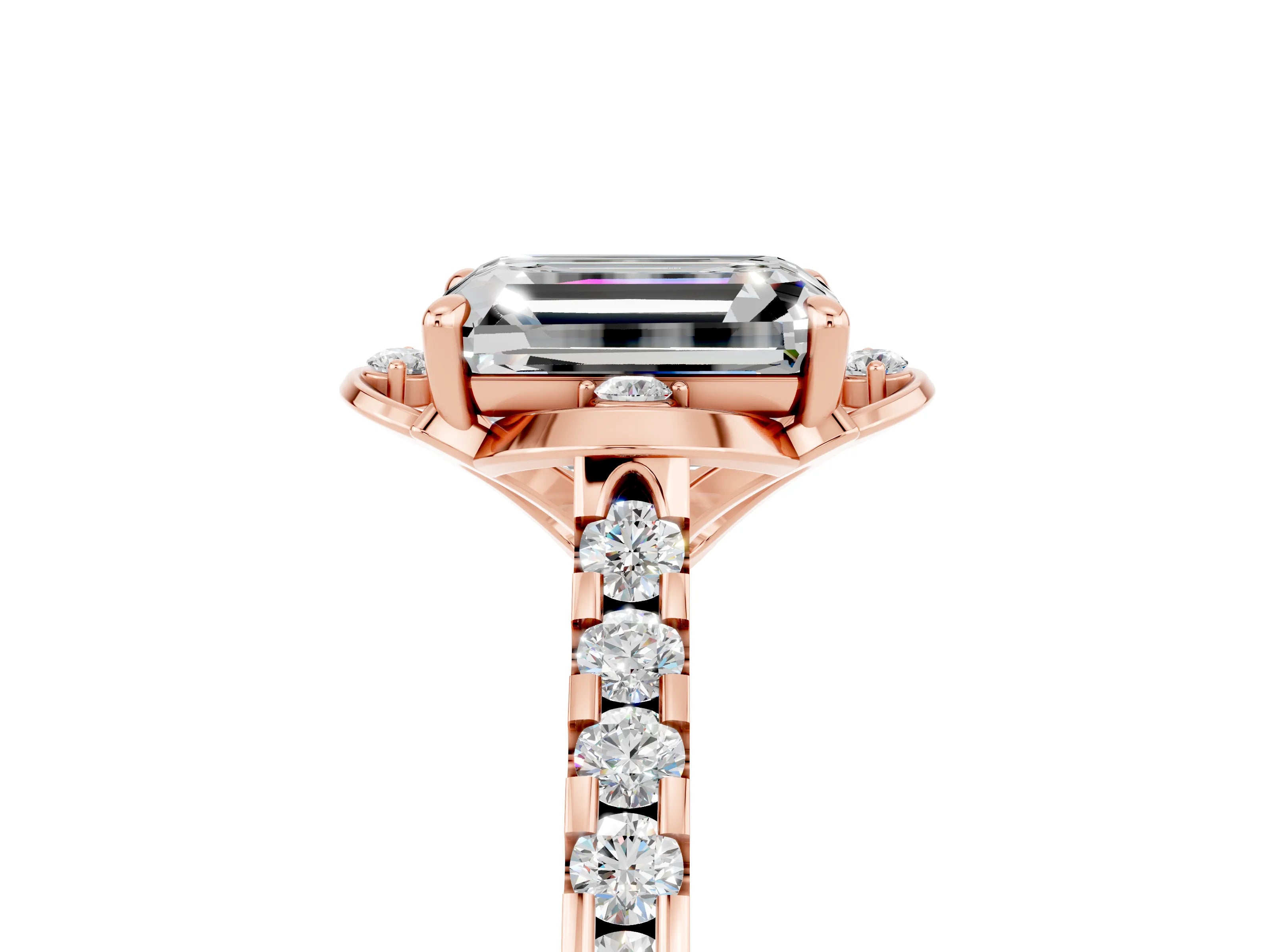 Rose gold Emerald Cut Moissanite Ring with Pavé Band and Floral Prong Setting_5