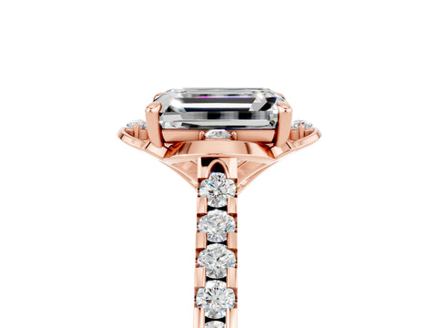 Rose gold Emerald Cut Moissanite Ring with Pavé Band and Floral Prong Setting_5