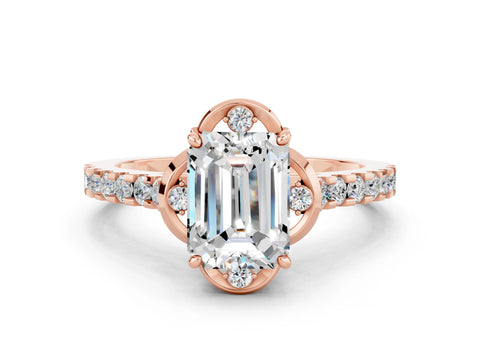 Rose gold Emerald Cut Moissanite Ring with Pavé Band and Floral Prong Setting