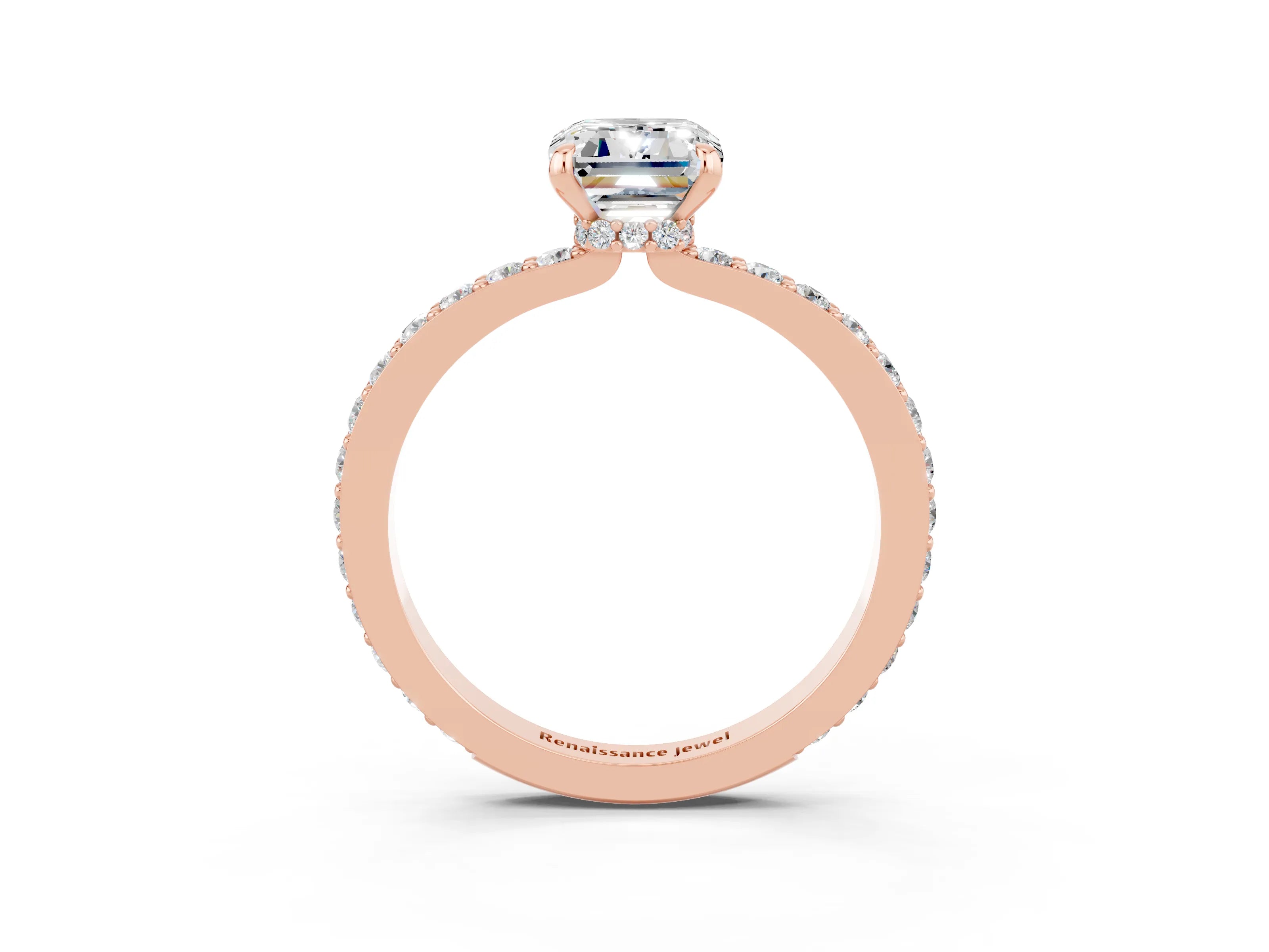 Rose gold Emerald Cut Moissanite Ring with Pavé Band and Four-Prong Setting_3