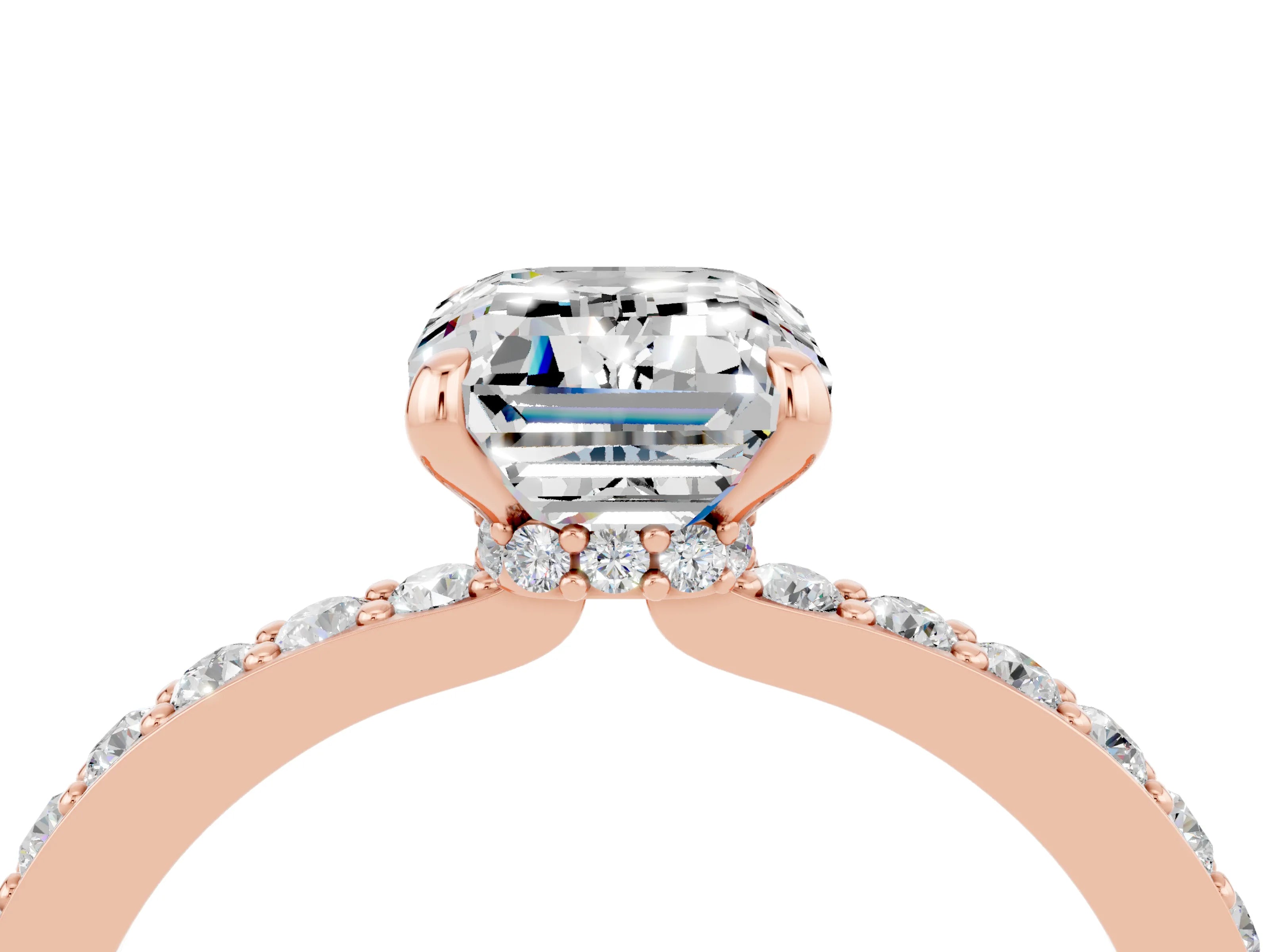 Rose gold Emerald Cut Moissanite Ring with Pavé Band and Four-Prong Setting_4