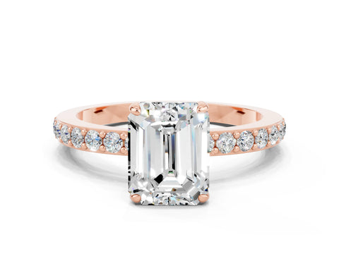 Rose gold Emerald Cut Moissanite Ring with Pavé Band and Four-Prong Setting
