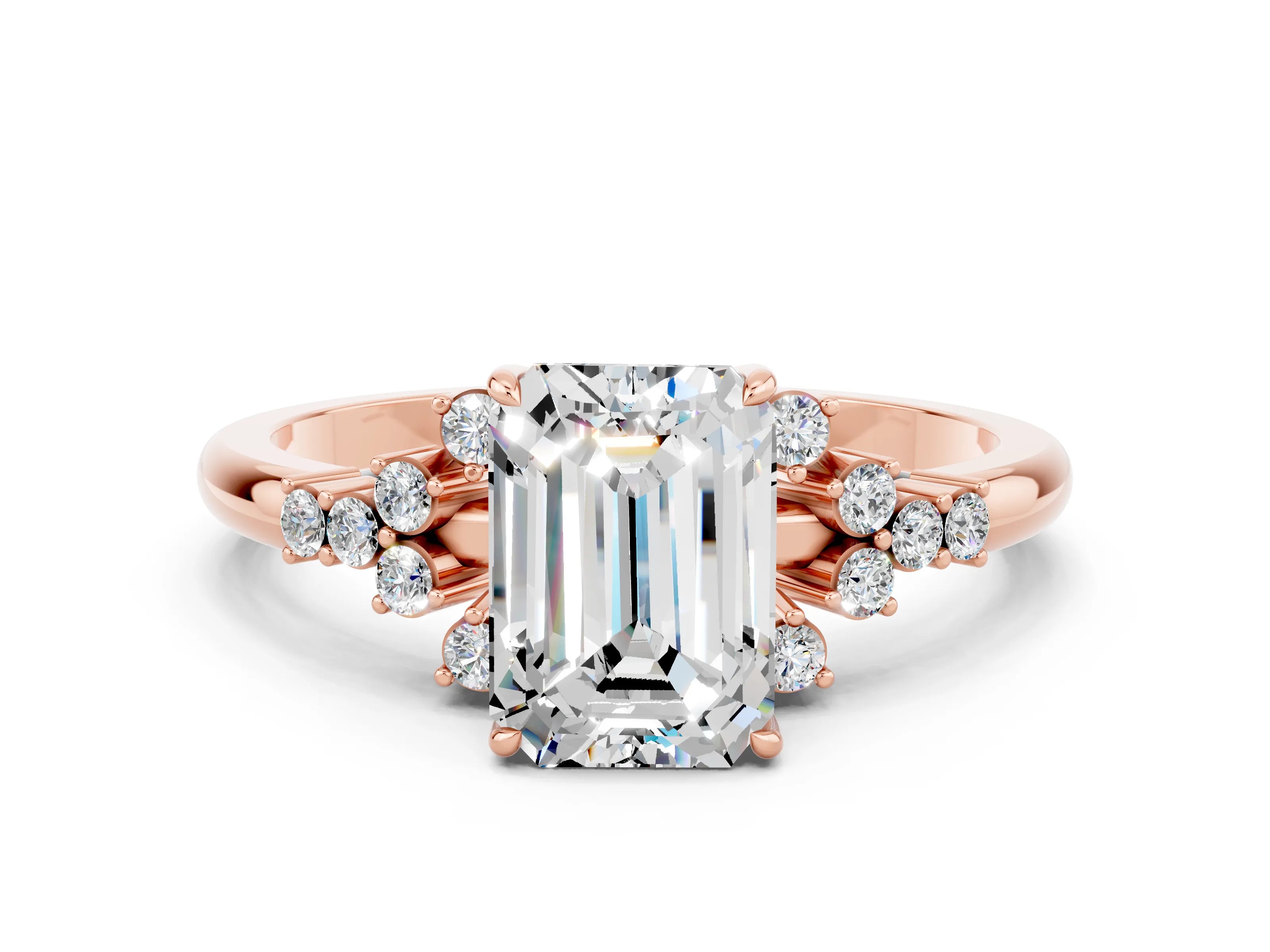 Rose gold Emerald Cut Moissanite Ring with Side Stones and Four-Prong Setting_36