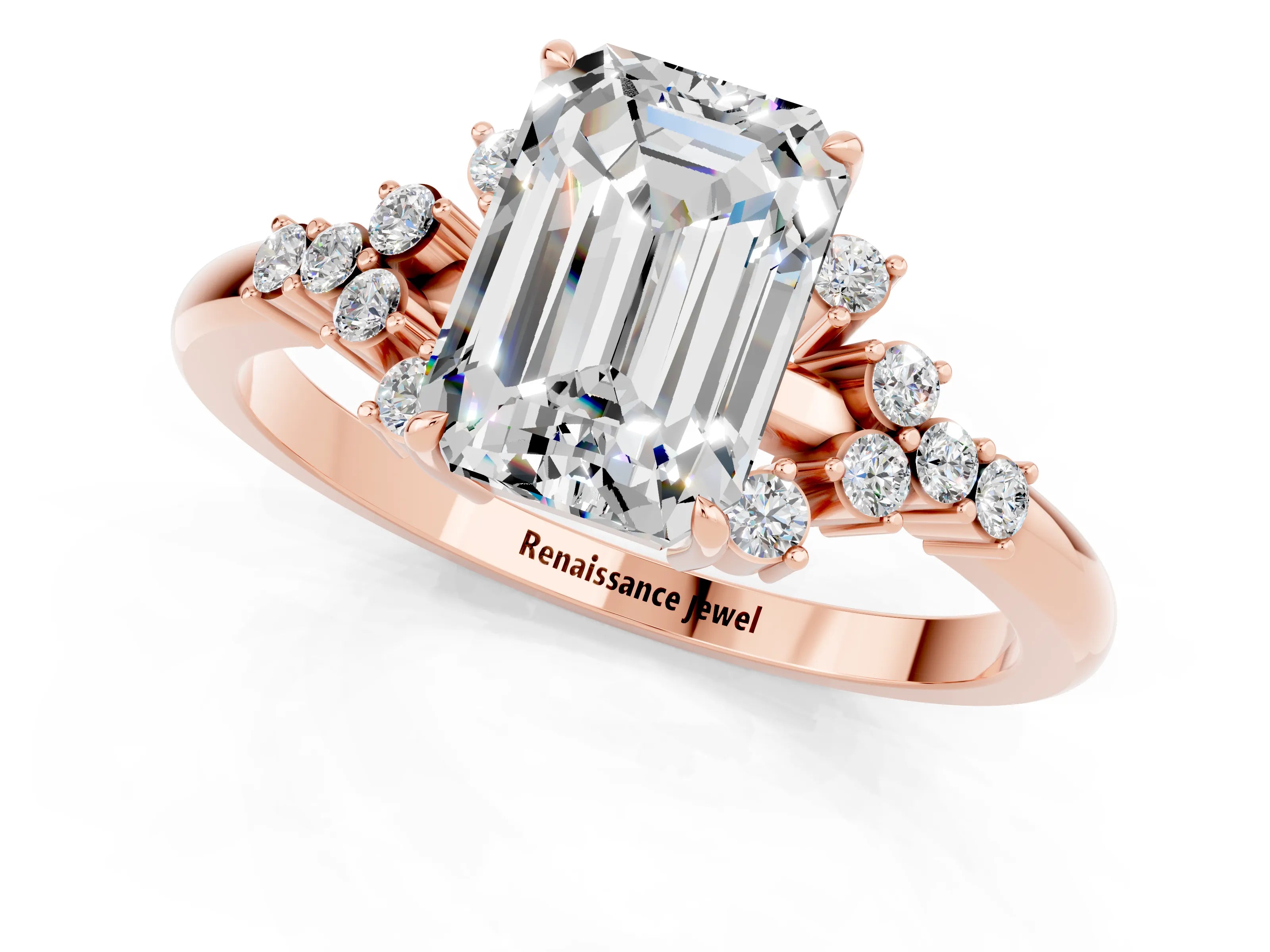 Rose gold Emerald Cut Moissanite Ring with Side Stones and Four-Prong Setting_37