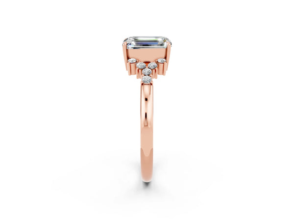 Rose gold Emerald Cut Moissanite Ring with Side Stones and Four-Prong Setting
