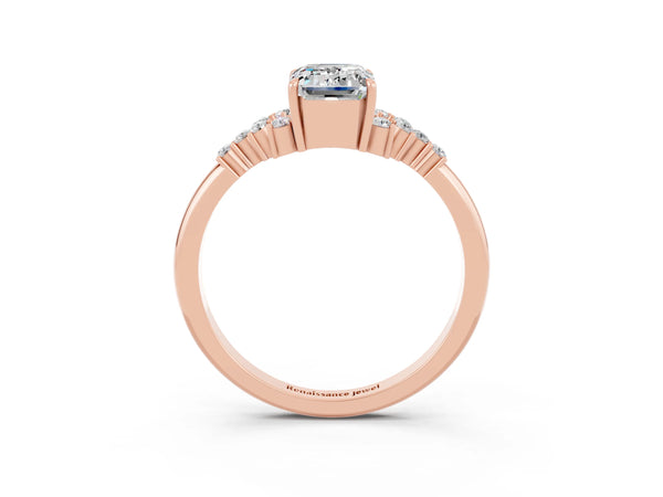 Rose gold Emerald Cut Moissanite Ring with Side Stones and Four-Prong Setting