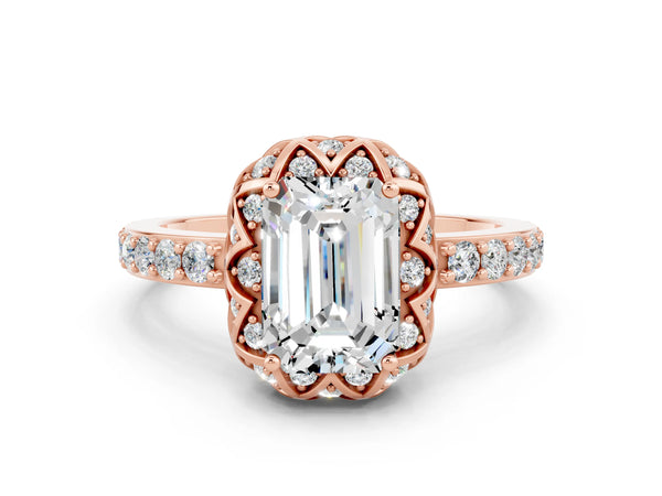 Rose gold Emerald Cut Moissanite Scalloped Halo Engagement Ring with Round Shared Prong Band