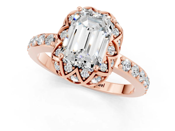 Rose gold Emerald Cut Moissanite Scalloped Halo Engagement Ring with Round Shared Prong Band