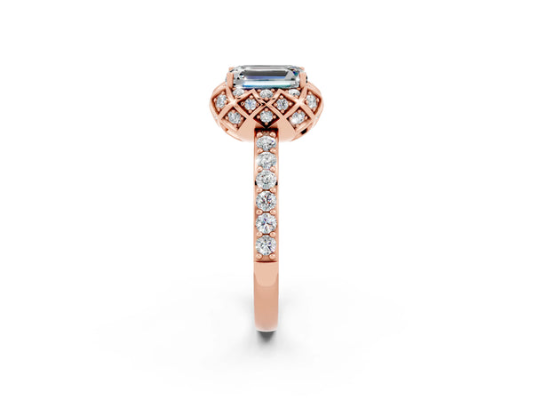 Rose gold Emerald Cut Moissanite Scalloped Halo Engagement Ring with Round Shared Prong Band