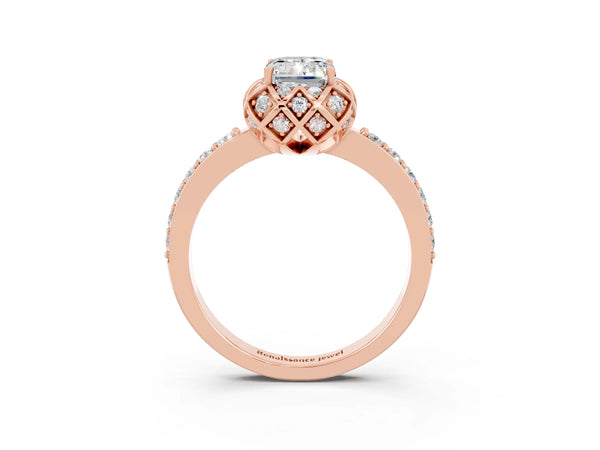 Rose gold Emerald Cut Moissanite Scalloped Halo Engagement Ring with Round Shared Prong Band