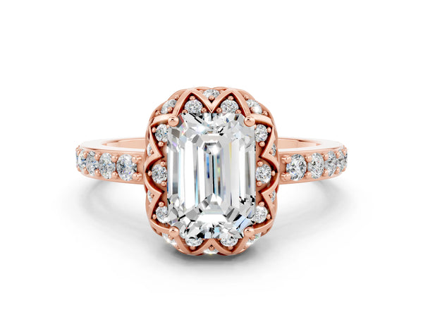 Rose gold Emerald Cut Moissanite Scalloped Halo Engagement Ring with Round Shared Prong Band