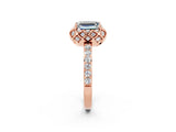 Rose gold Emerald Cut Moissanite Scalloped Halo Engagement Ring with Round Shared Prong Band_26