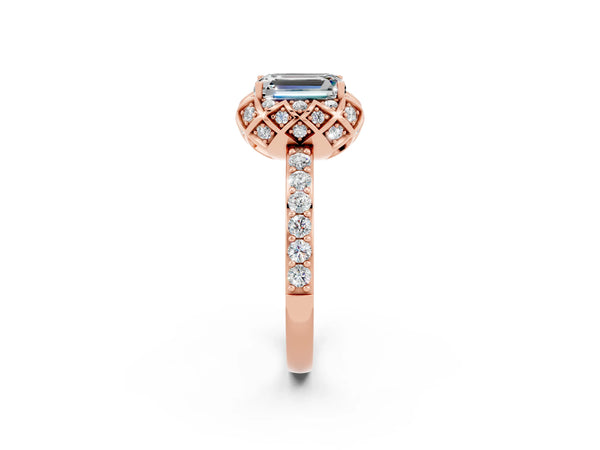 Rose gold Emerald Cut Moissanite Scalloped Halo Engagement Ring with Round Shared Prong Band