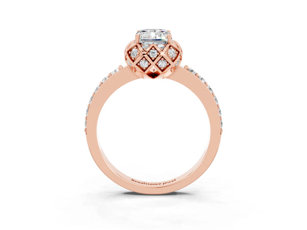 Rose gold Emerald Cut Moissanite Scalloped Halo Engagement Ring with Round Shared Prong Band