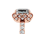 Rose gold Emerald Cut Moissanite Scalloped Halo Engagement Ring with Round Shared Prong Band_29