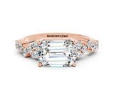 Rose gold Emerald Cut Moissanite Scattered Round Accent Ring with Prong Setting_12