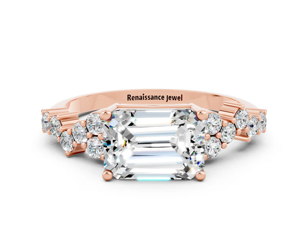 Rose gold Emerald Cut Moissanite Scattered Round Accent Ring with Prong Setting