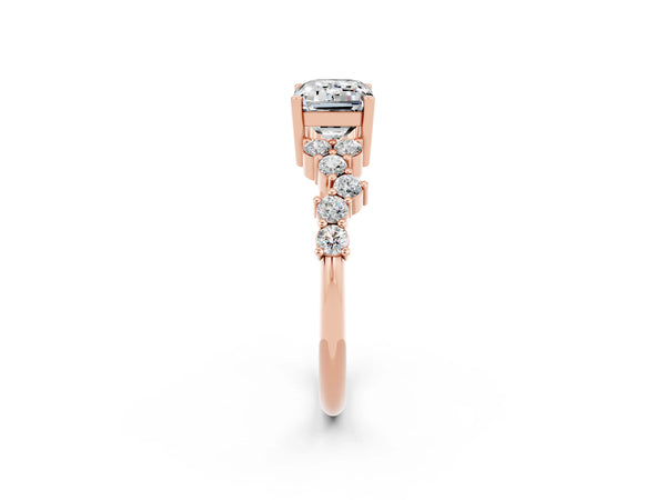 Rose gold Emerald Cut Moissanite Scattered Round Accent Ring with Prong Setting