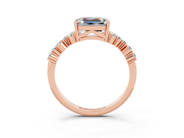 Rose gold Emerald Cut Moissanite Scattered Round Accent Ring with Prong Setting