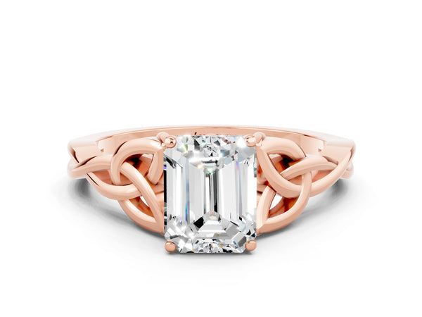 Rose gold Emerald Cut Moissanite Solitaire Celtic Knot Ring with Four-Prong Setting