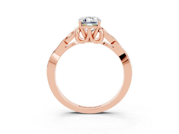 Rose gold Emerald Cut Moissanite Solitaire Celtic Knot Ring with Four-Prong Setting