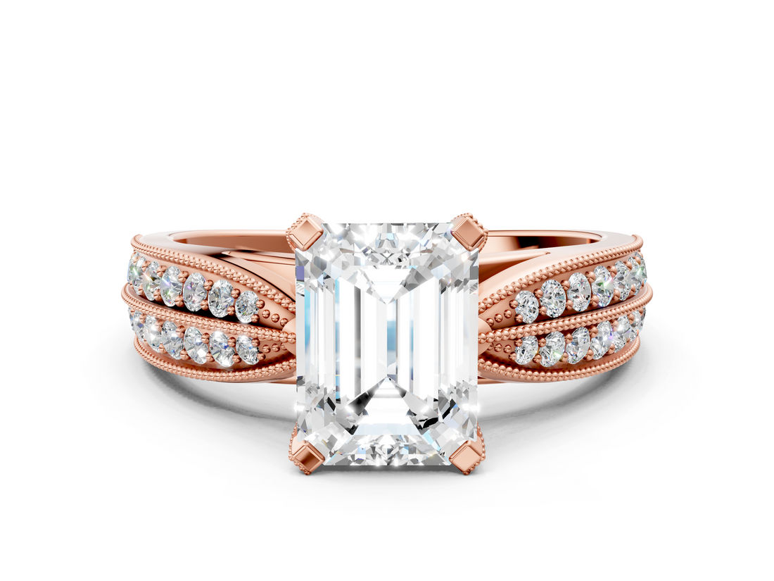 Rose gold Emerald Cut Moissanite   Solitaire Diamond Ring with Milgrain Pavé Band and Four-Prong Setting_39
