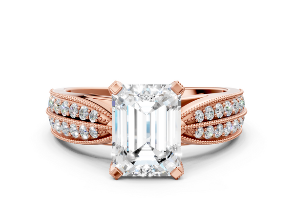 Rose gold Emerald Cut Moissanite   Solitaire Diamond Ring with Milgrain Pavé Band and Four-Prong Setting