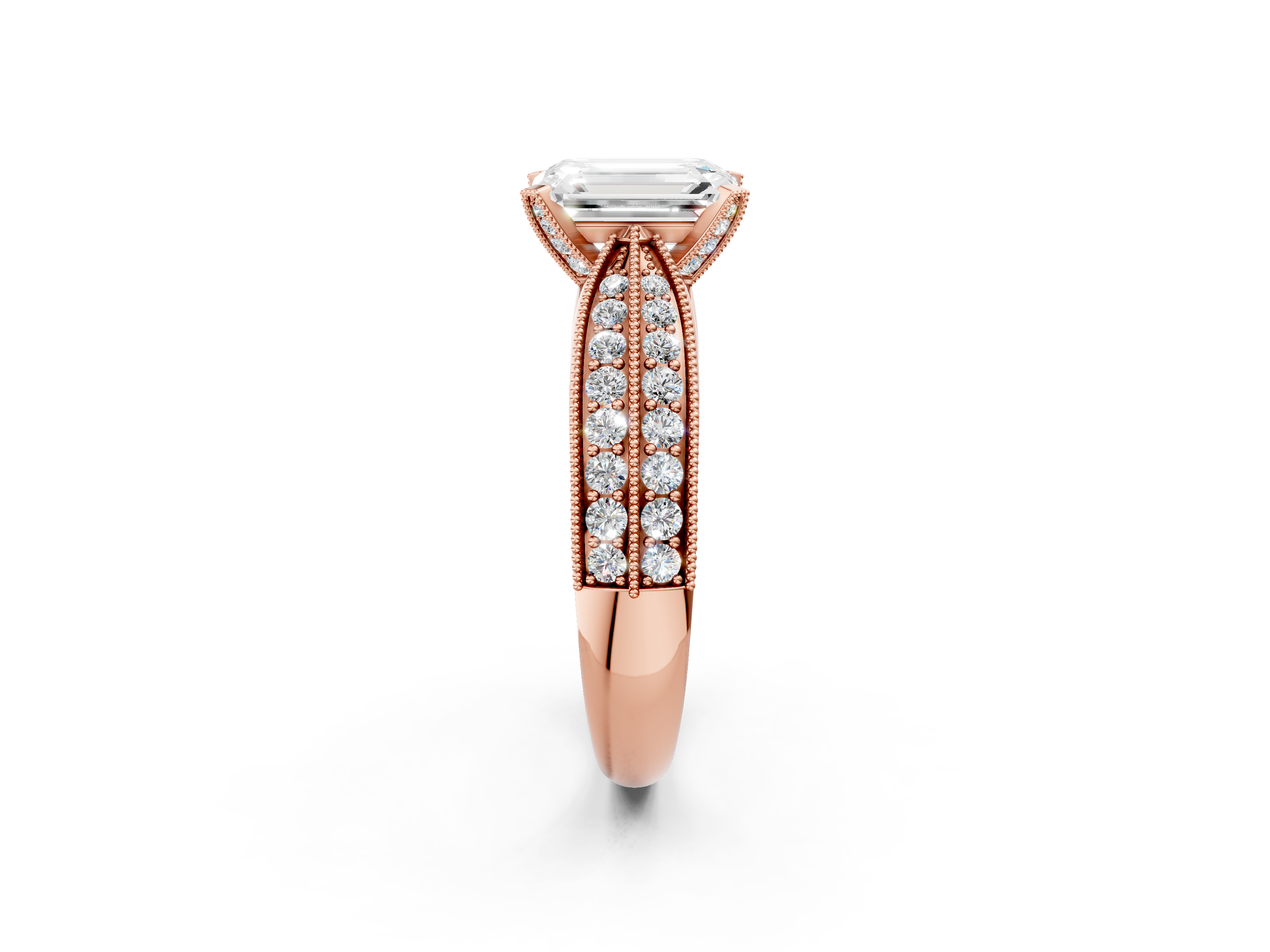 Rose gold Emerald Cut Moissanite   Solitaire Diamond Ring with Milgrain Pavé Band and Four-Prong Setting_41