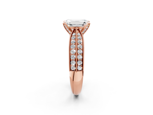 Rose gold Emerald Cut Moissanite   Solitaire Diamond Ring with Milgrain Pavé Band and Four-Prong Setting