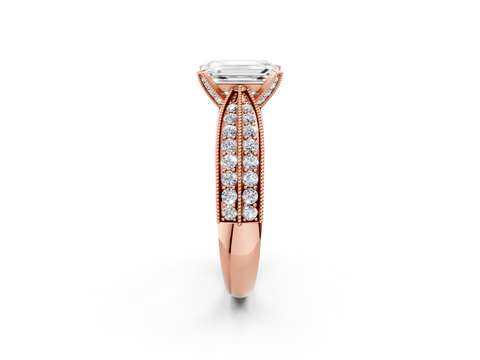 Rose gold Emerald Cut Moissanite   Solitaire Diamond Ring with Milgrain Pavé Band and Four-Prong Setting_41